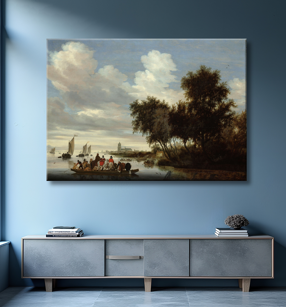 Reproduction Paysage fluvial avec ferry de Salomon van Ruysdael avec decor
