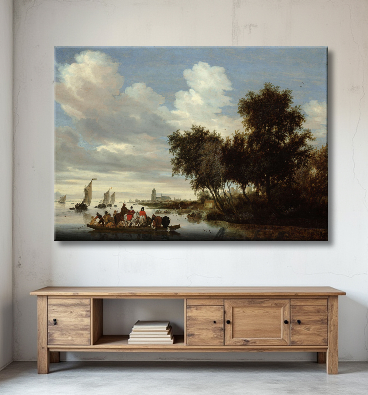 Reproduction Paysage fluvial avec ferry de Salomon van Ruysdael avec decor
