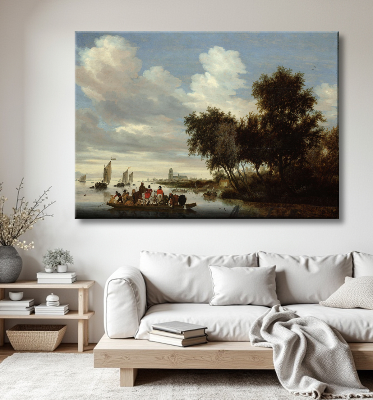 Reproduction Paysage fluvial avec ferry de Salomon van Ruysdael avec decor