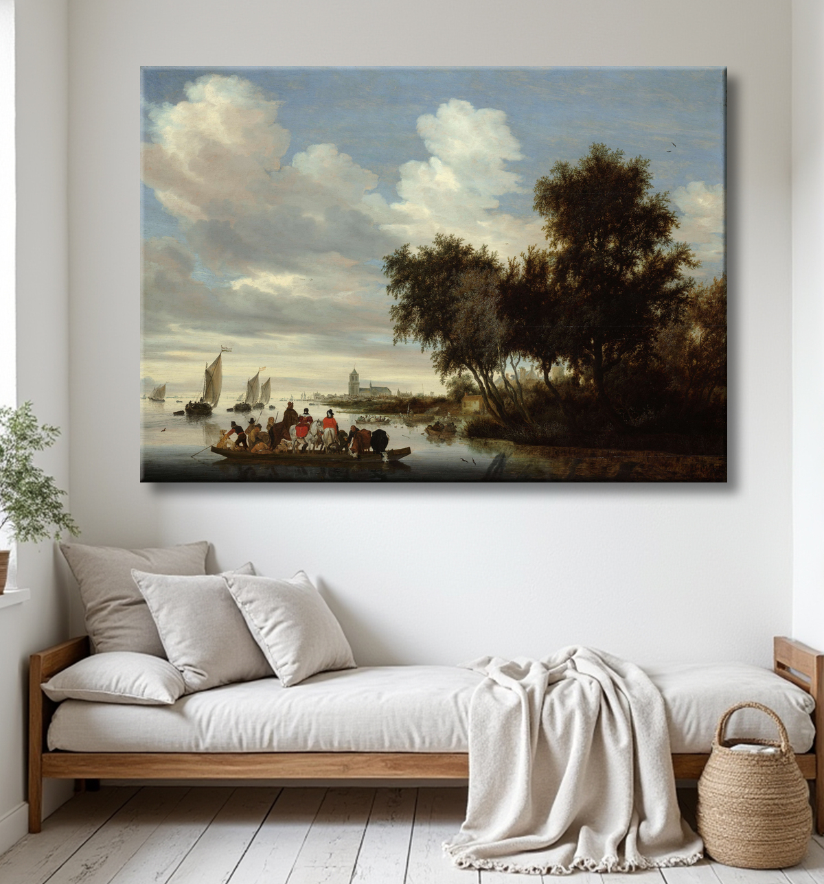Reproduction Paysage fluvial avec ferry de Salomon van Ruysdael avec decor