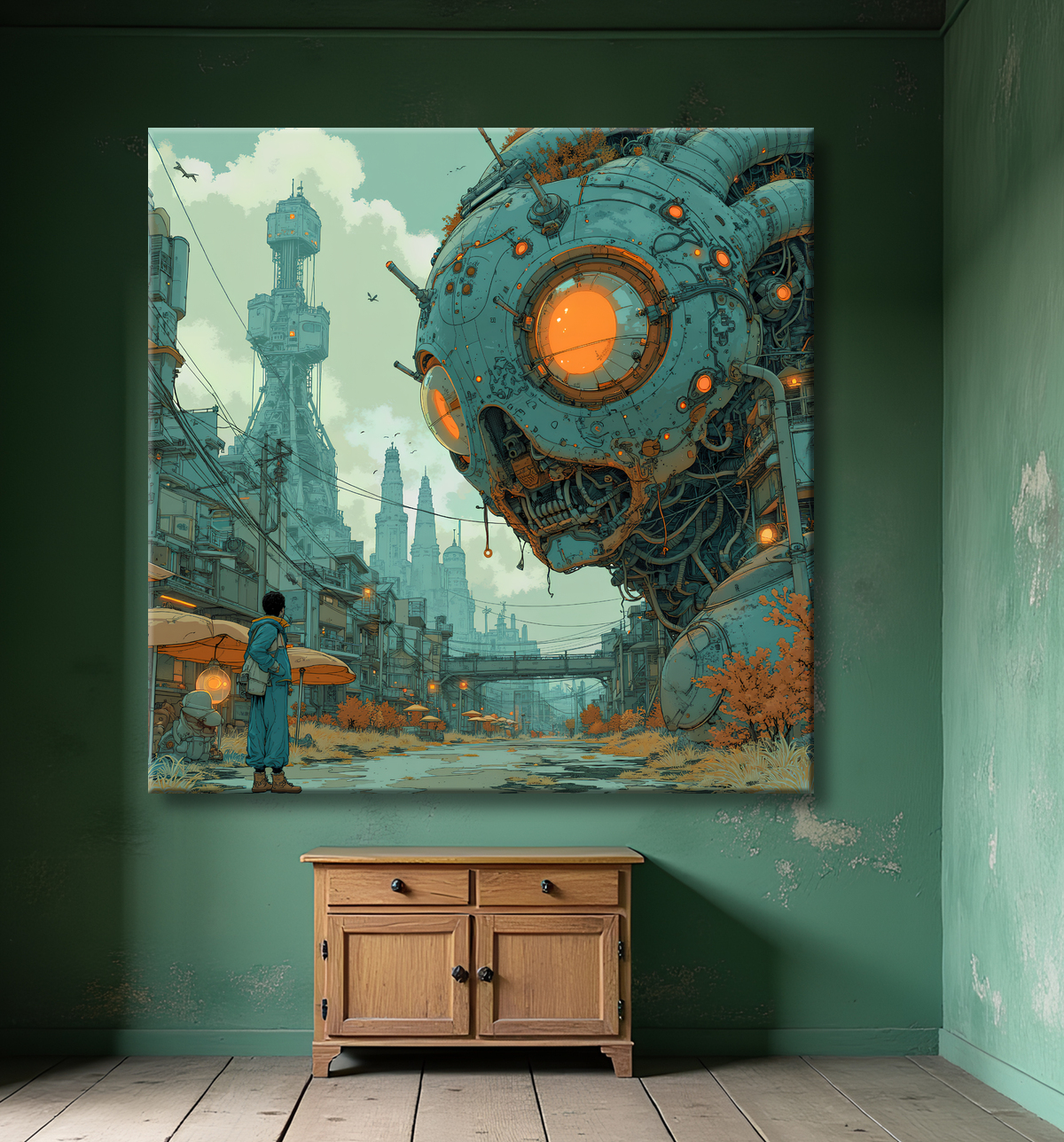 Tableau représentant un paysage sobre dans lequel émergent des structures futuristes aux formes organiques. Une scène imaginaire mêlant nature et architecture visionnaire.