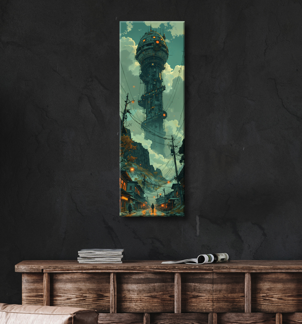 Tableau représentant un paysage sobre dans lequel émergent des structures futuristes aux formes organiques. Une scène imaginaire mêlant nature et architecture visionnaire.