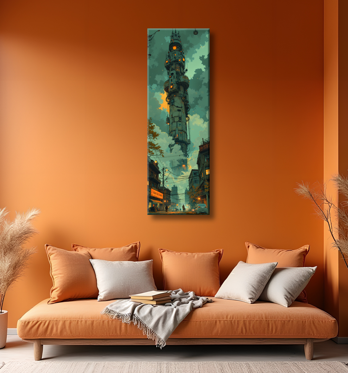 Tableau représentant un paysage sobre dans lequel émergent des structures futuristes aux formes organiques. Une scène imaginaire mêlant nature et architecture visionnaire.