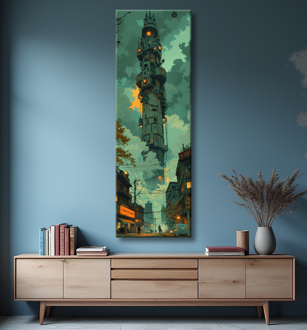 Tableau d'un paysage futuriste avec decor