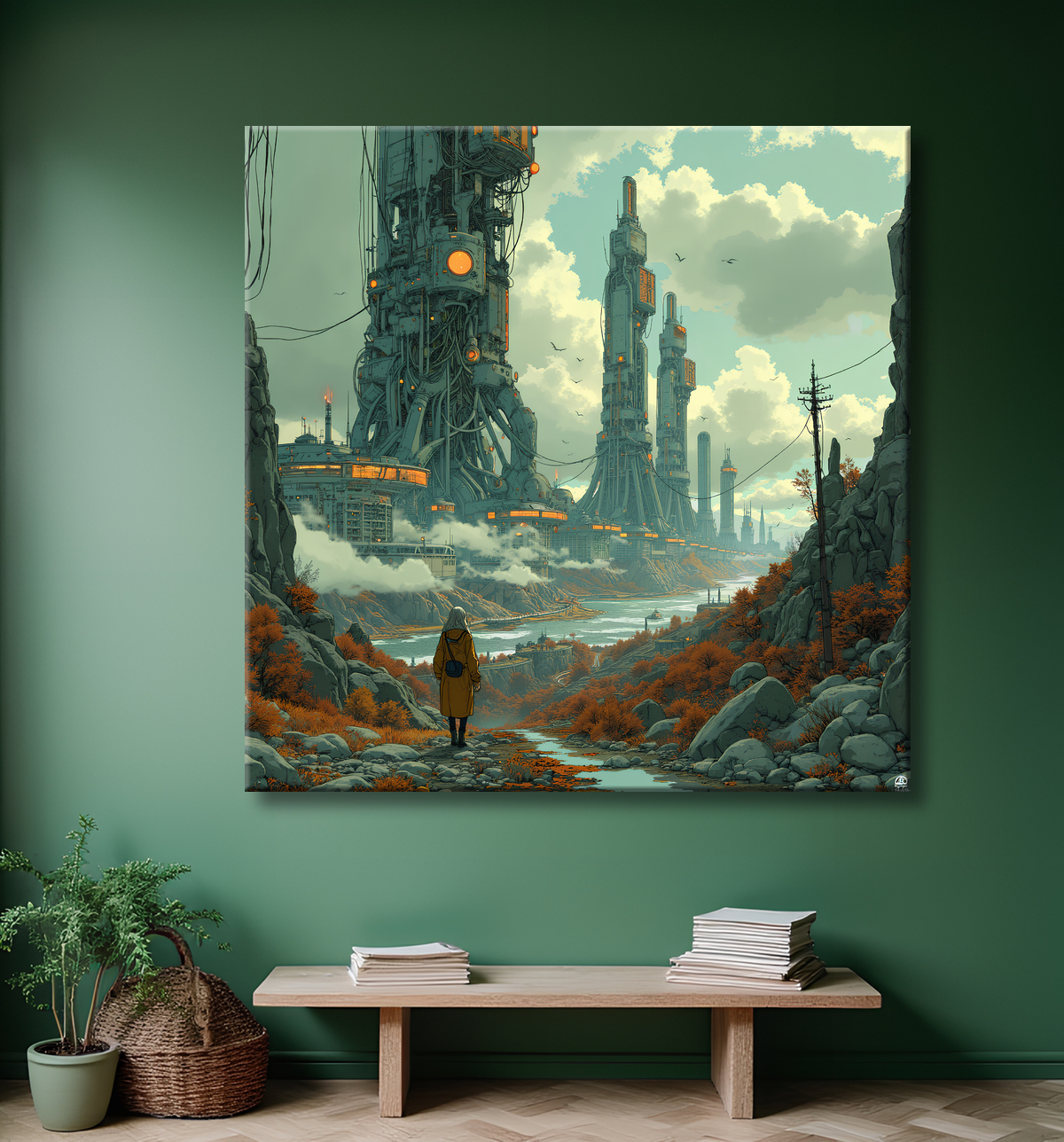 Tableau représentant un paysage sobre dans lequel émergent des structures futuristes aux formes organiques. Une scène imaginaire mêlant nature et architecture visionnaire.