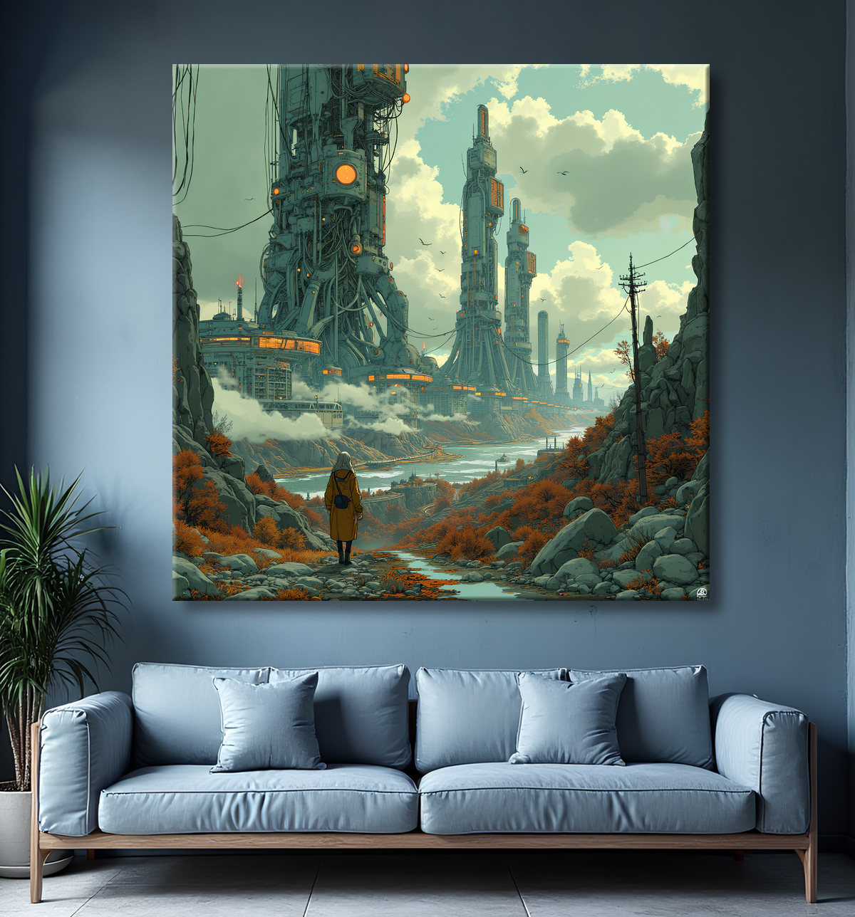Tableau d'un paysage futuriste avec decor