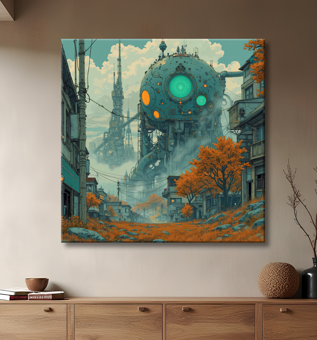 Tableau d'un paysage futuriste avec decor