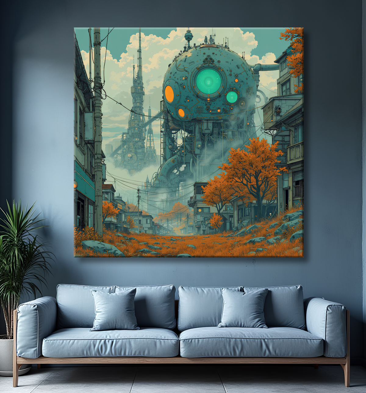 Tableau représentant un paysage sobre dans lequel émergent des structures futuristes aux formes organiques. Une scène imaginaire mêlant nature et architecture visionnaire.