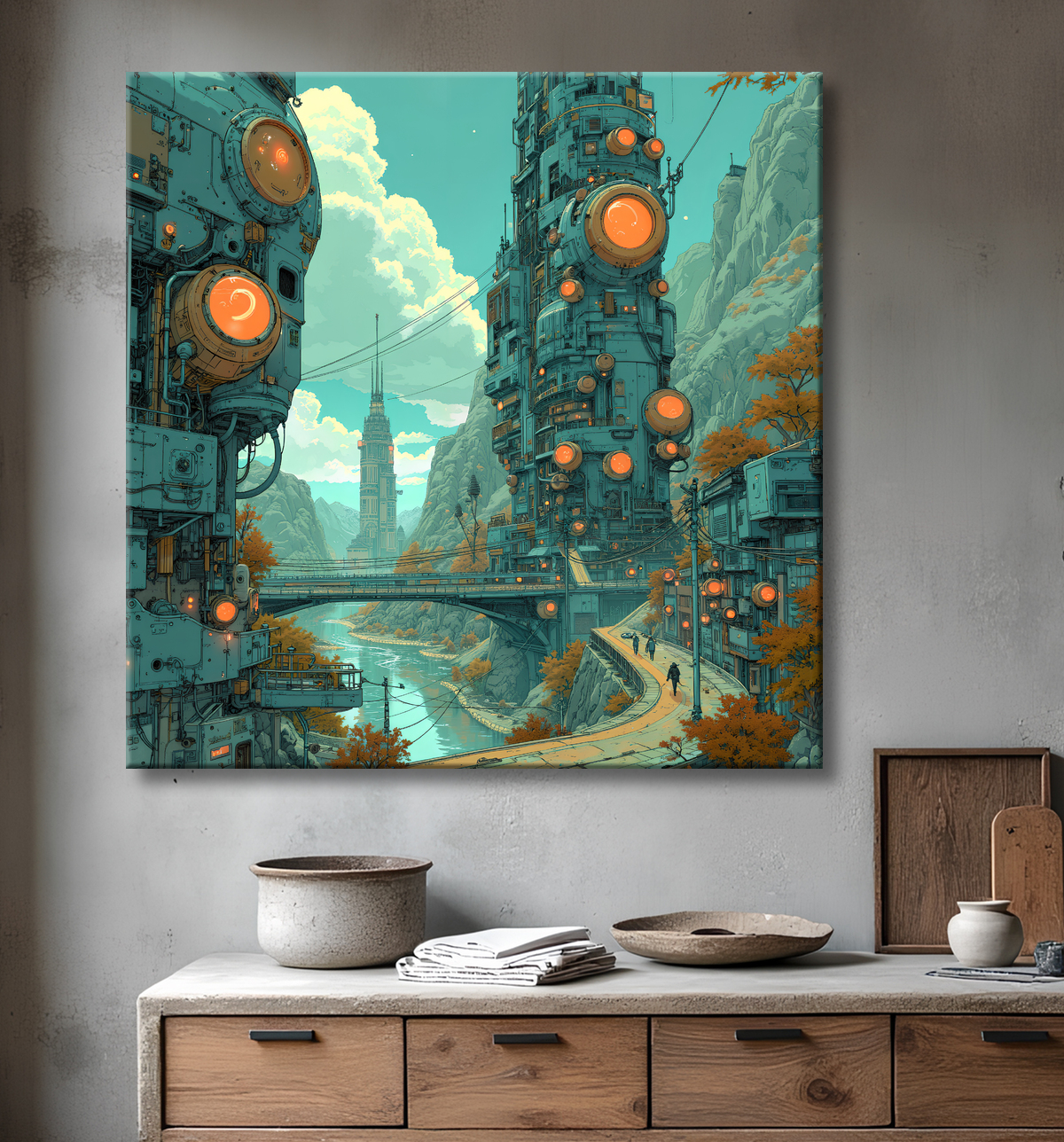 Tableau d'un paysage futuriste avec decor