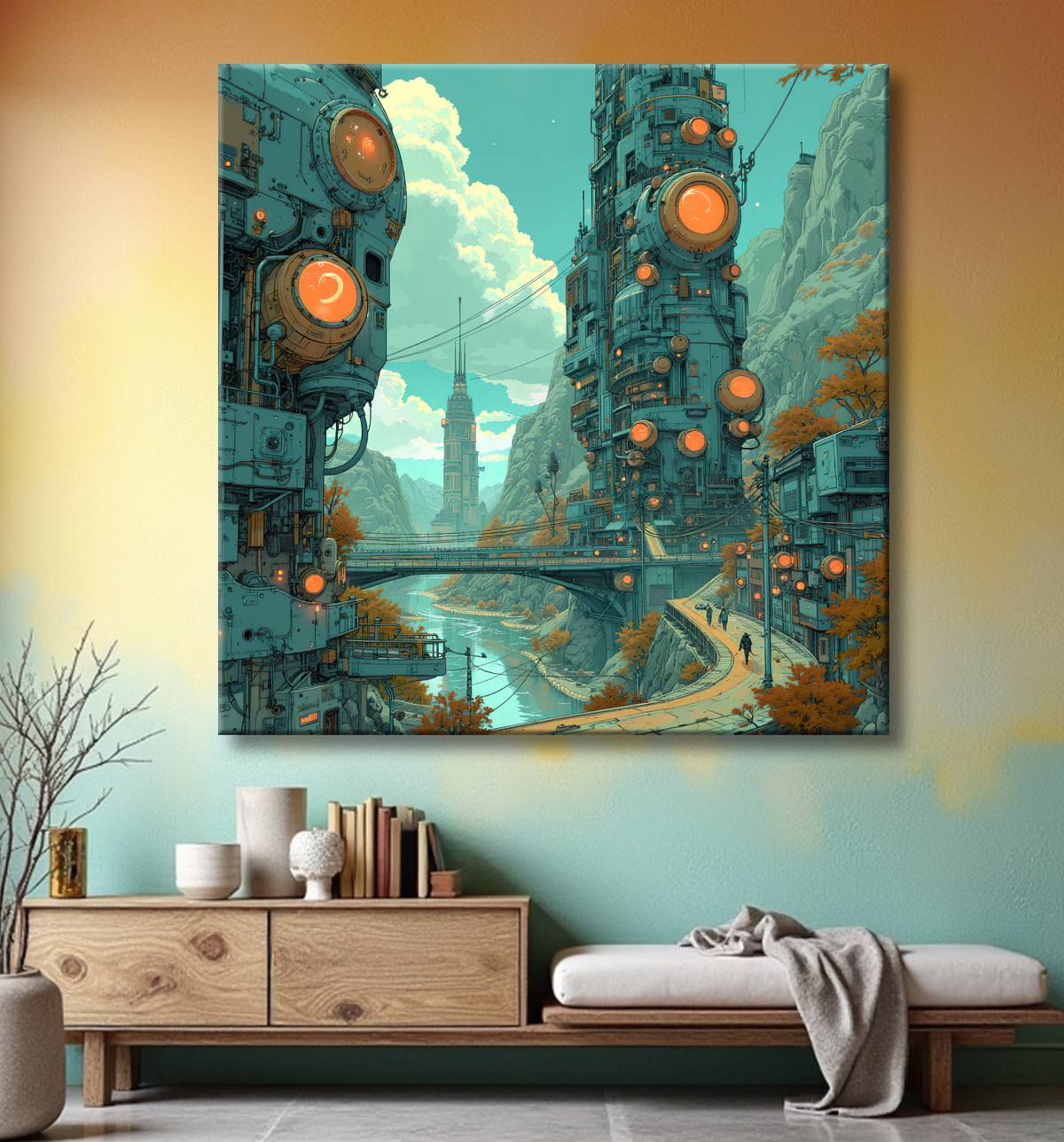 Tableau d'un paysage futuriste avec decor