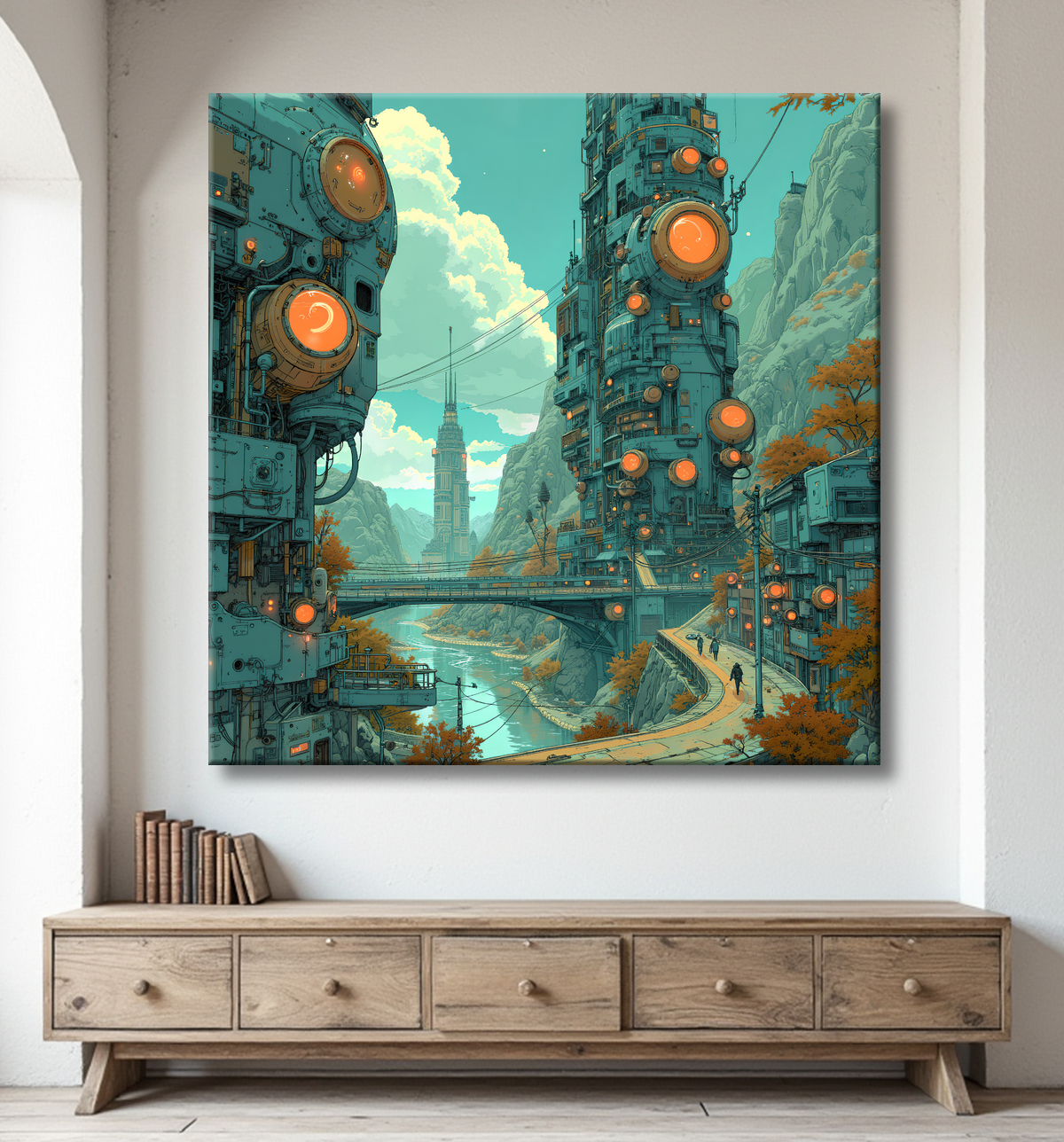 Tableau d'un paysage futuriste avec decor
