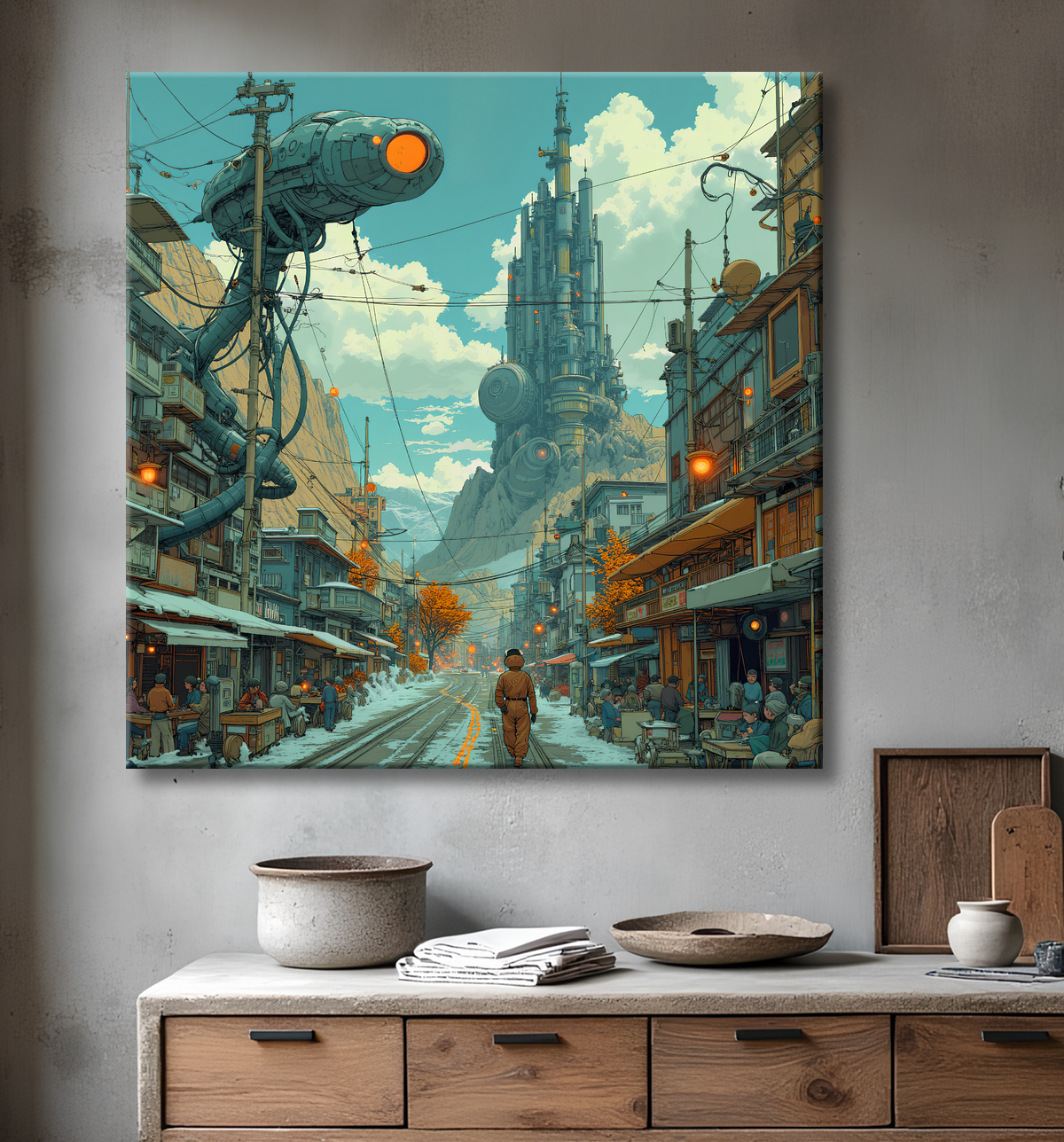 Tableau représentant un paysage sobre dans lequel émergent des structures futuristes aux formes organiques. Une scène imaginaire mêlant nature et architecture visionnaire.