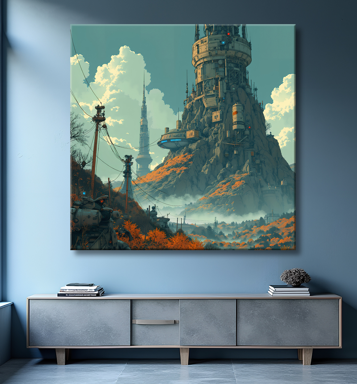 Tableau d'un paysage futuriste avec decor
