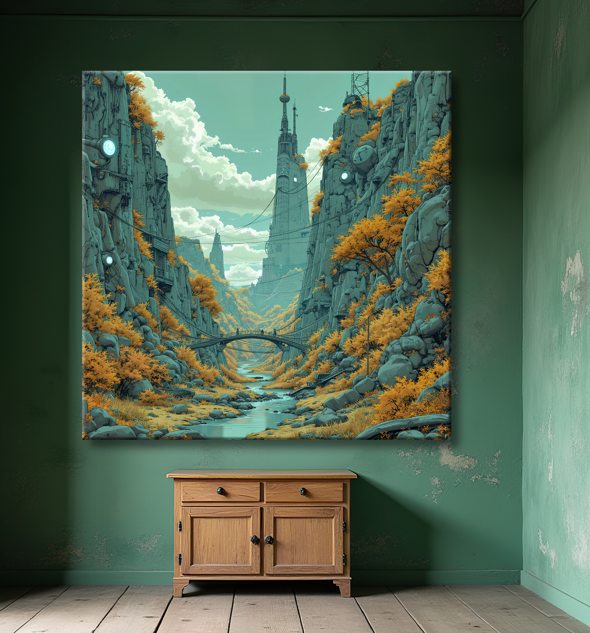 Tableau d'un paysage futuriste avec decor