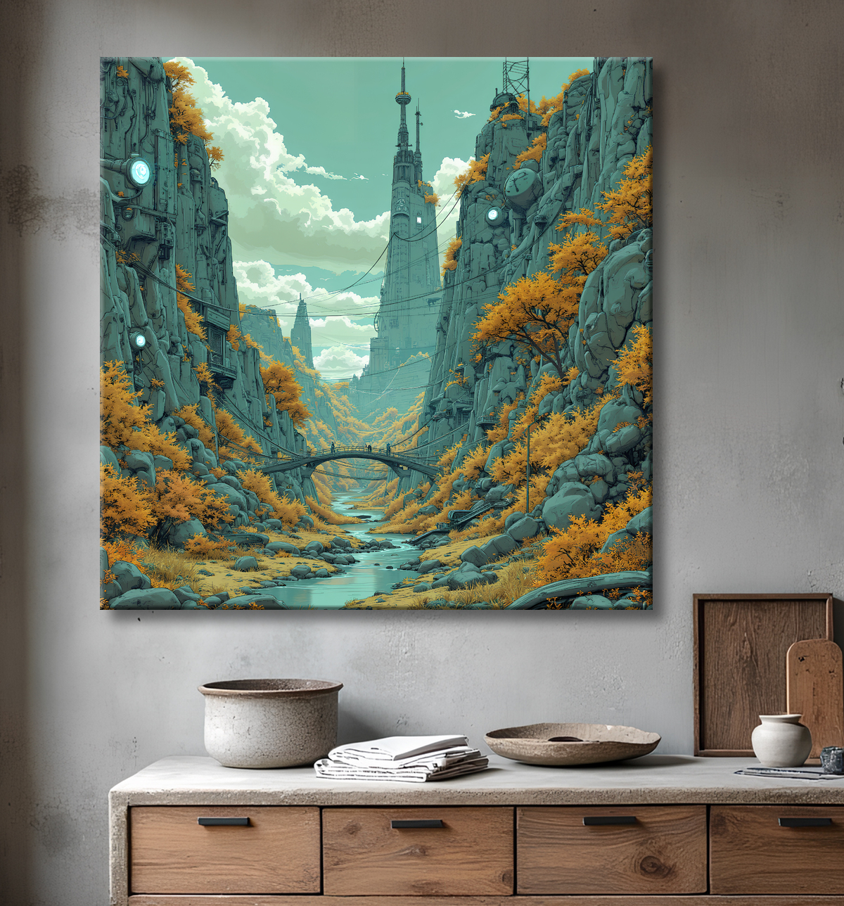 Tableau d'un paysage futuriste avec decor