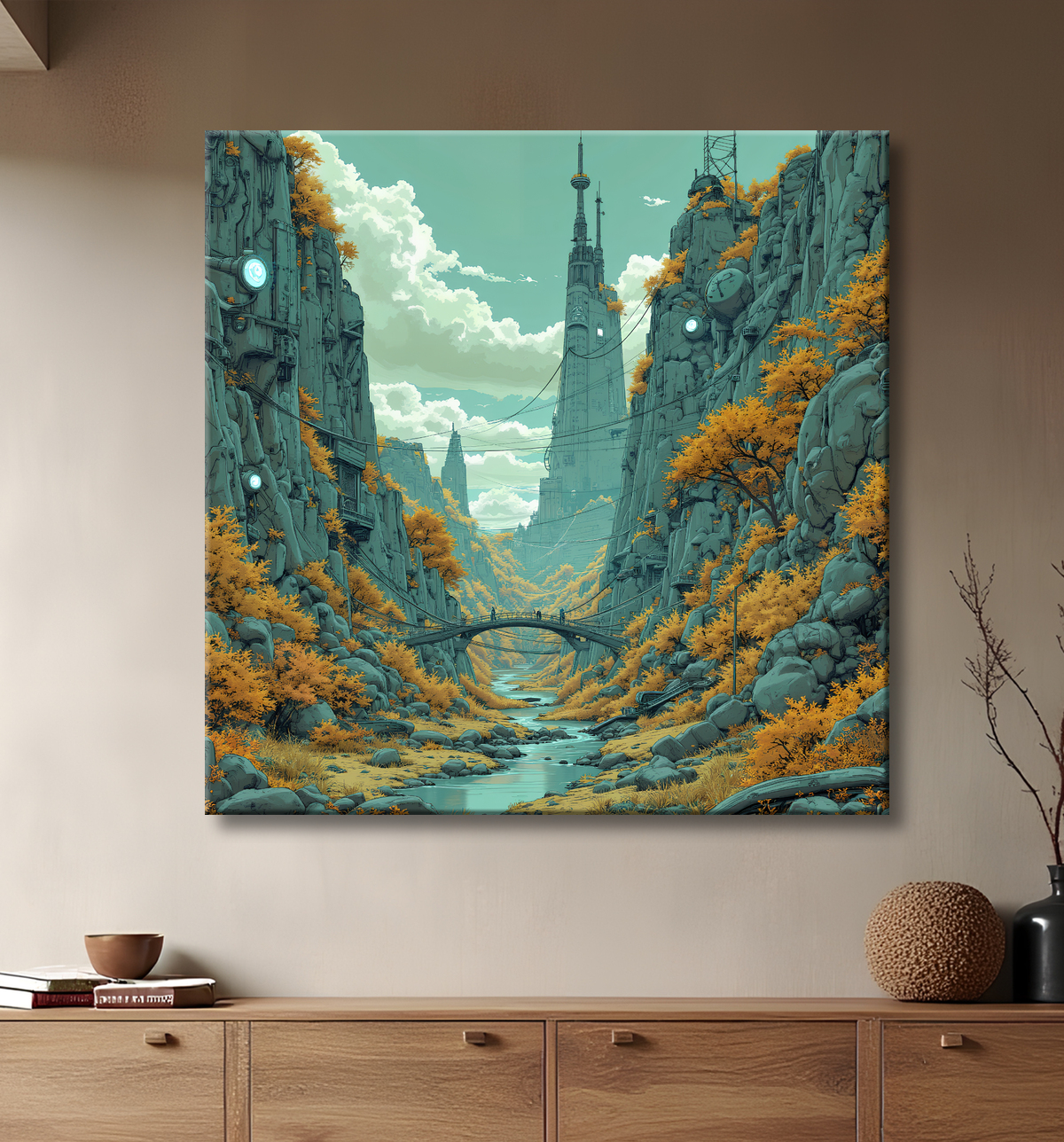 Tableau représentant un paysage sobre dans lequel émergent des structures futuristes aux formes organiques. Une scène imaginaire mêlant nature et architecture visionnaire.