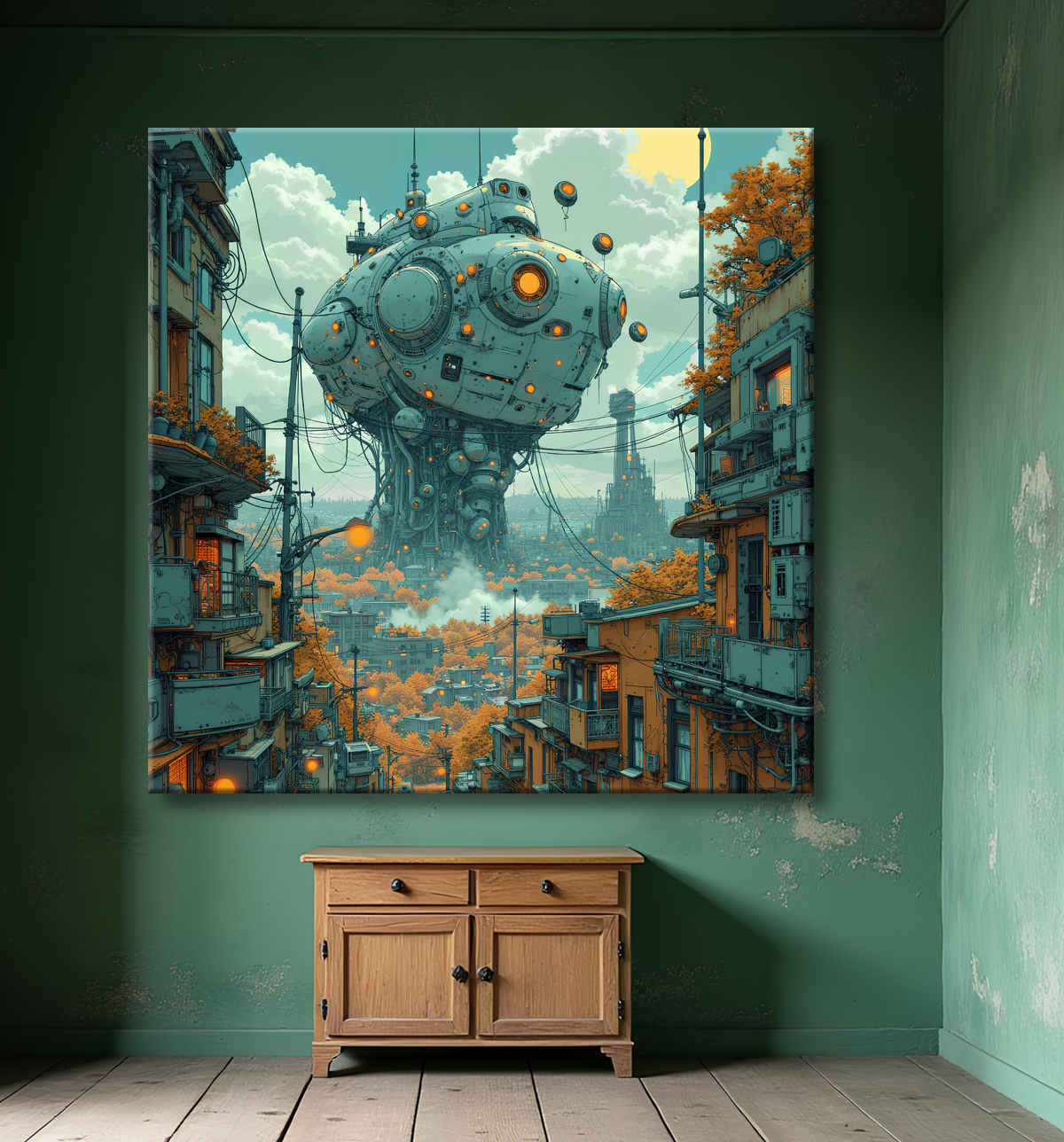 Tableau d'un paysage futuriste avec decor