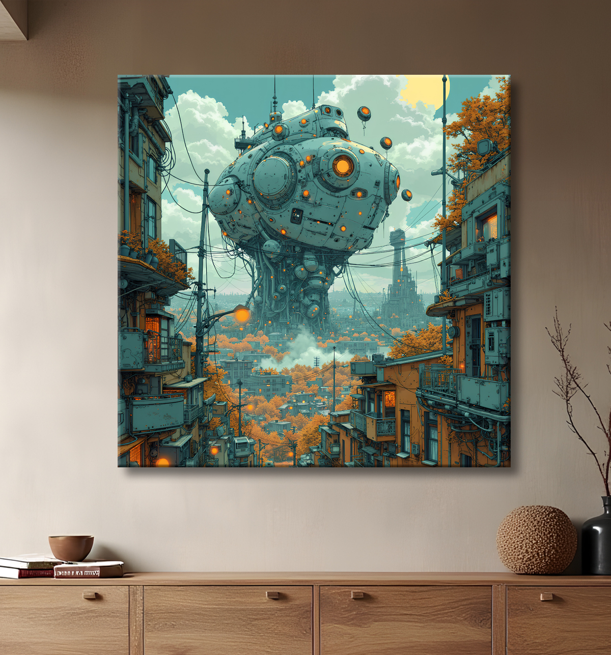 Tableau d'un paysage futuriste avec decor