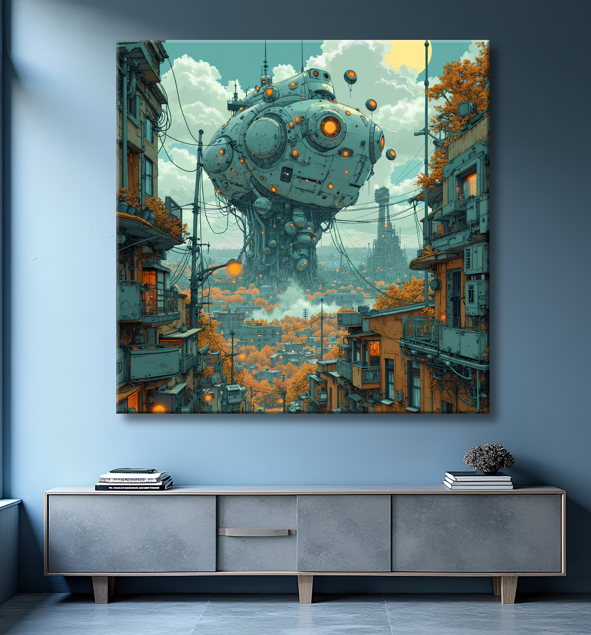 Tableau d'un paysage futuriste avec decor