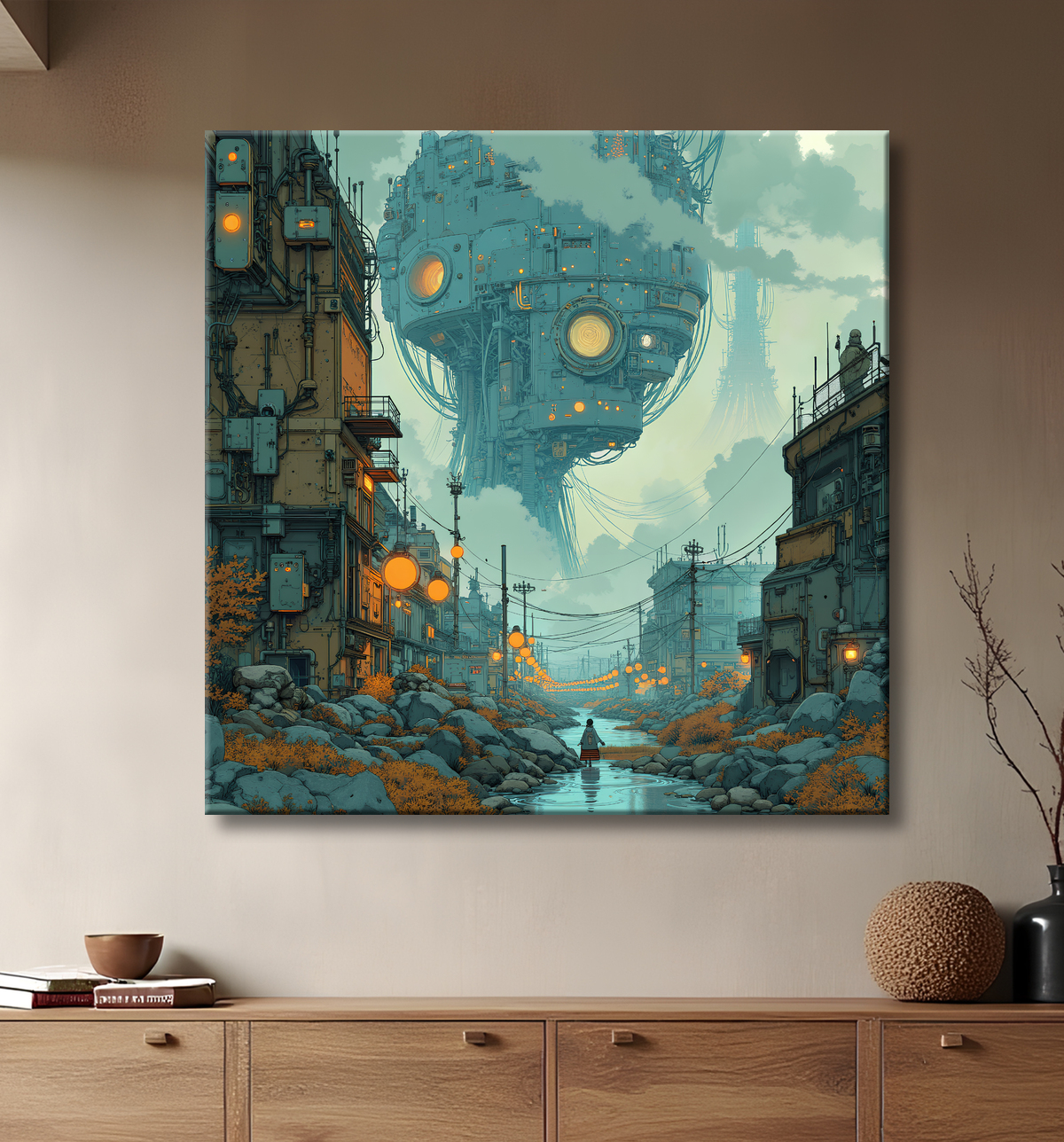 Tableau d'un paysage futuriste avec decor