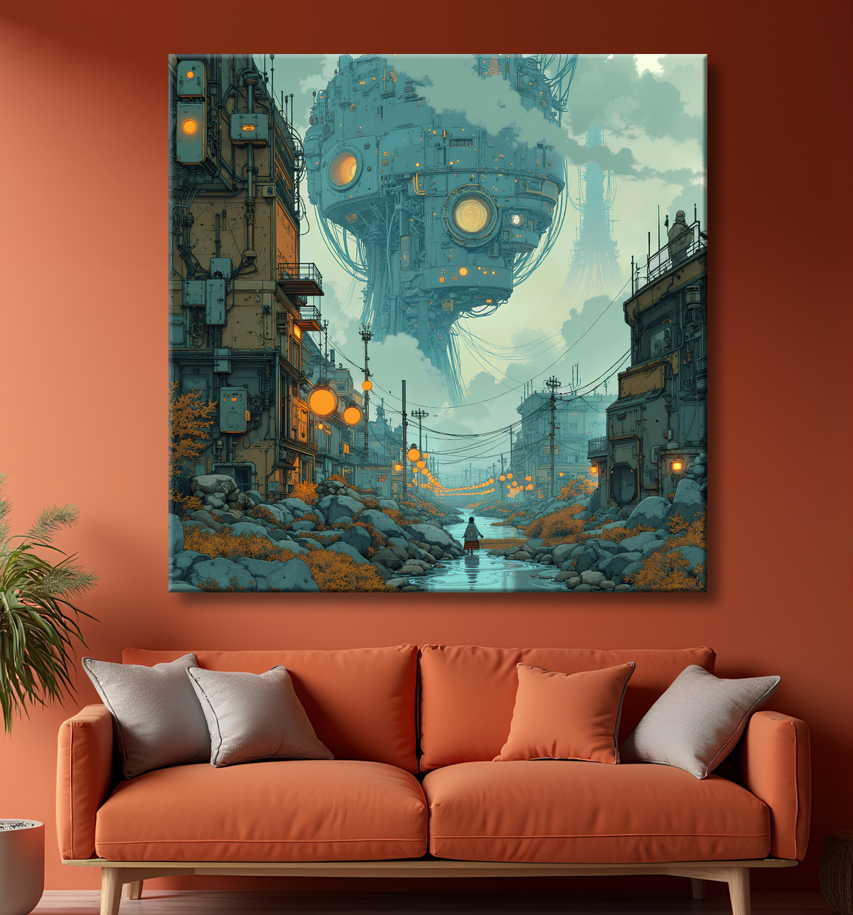 Tableau d'un paysage futuriste avec decor