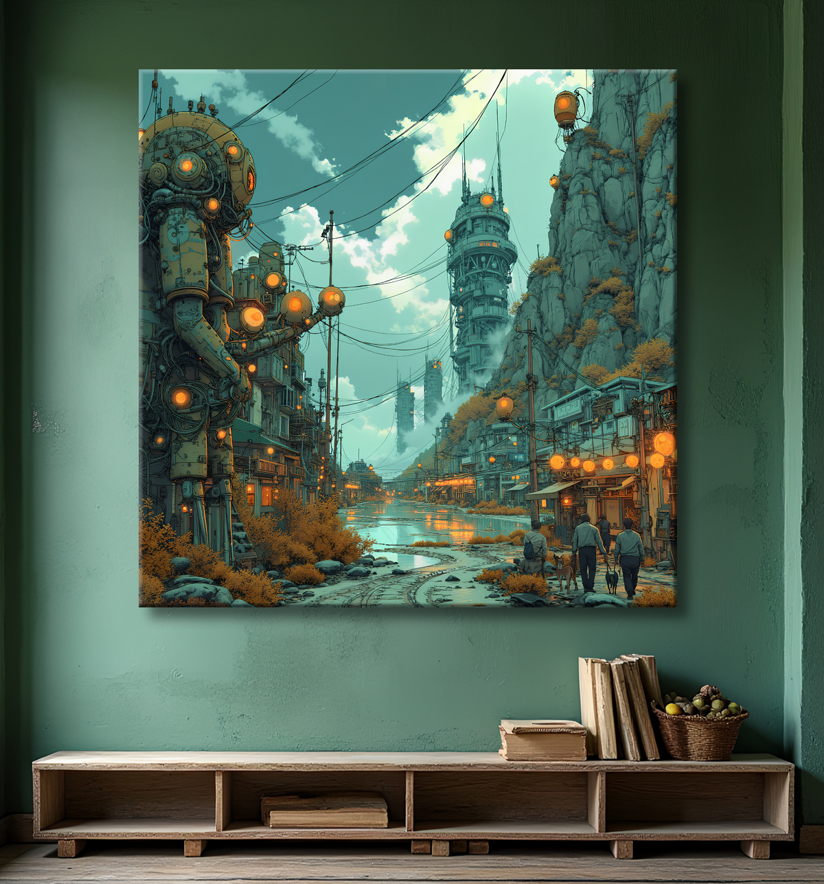 Tableau représentant un paysage sobre dans lequel émergent des structures futuristes aux formes organiques. Une scène imaginaire mêlant nature et architecture visionnaire.