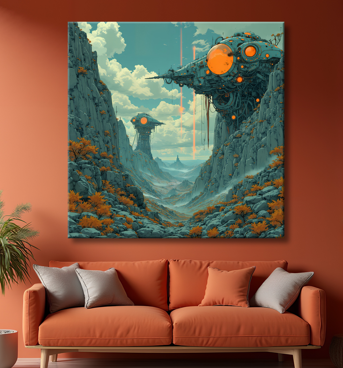 Tableau d'un paysage futuriste avec decor