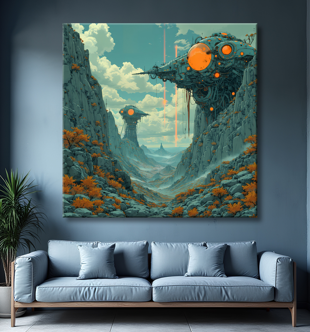 Tableau représentant un paysage sobre dans lequel émergent des structures futuristes aux formes organiques. Une scène imaginaire mêlant nature et architecture visionnaire.