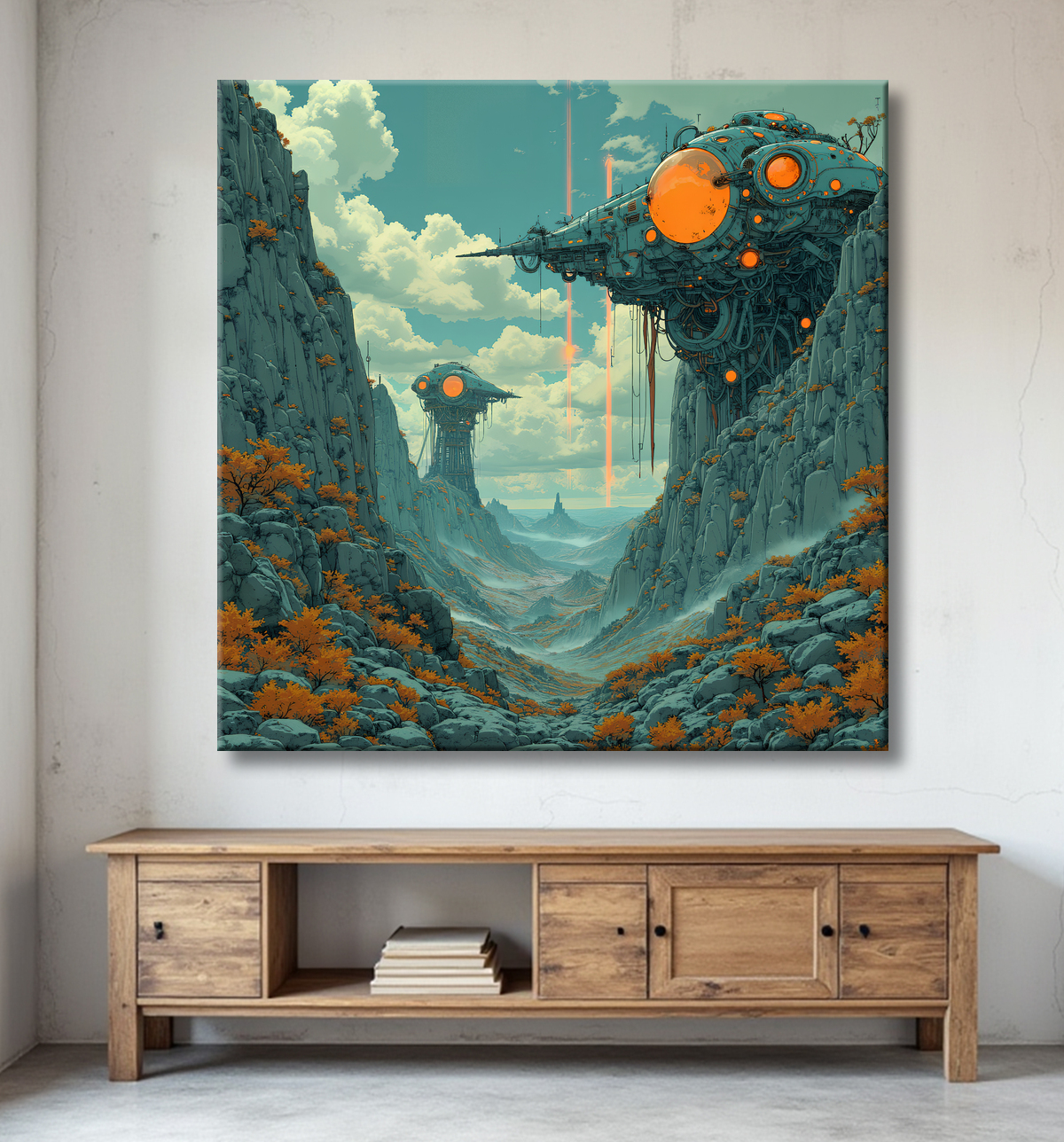 Tableau d'un paysage futuriste avec decor