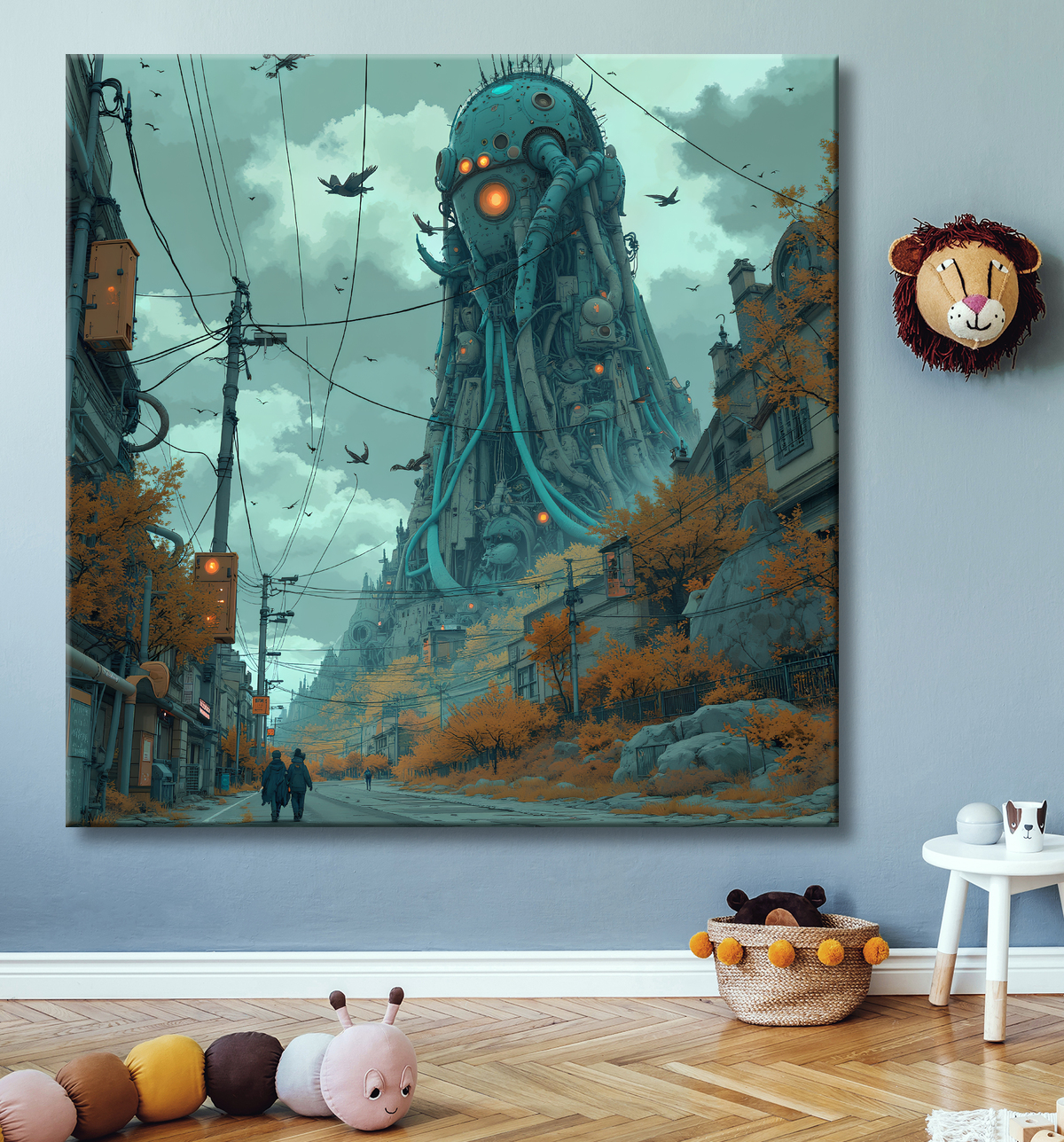 Tableau représentant un paysage sobre dans lequel émergent des structures futuristes aux formes organiques. Une scène imaginaire mêlant nature et architecture visionnaire.