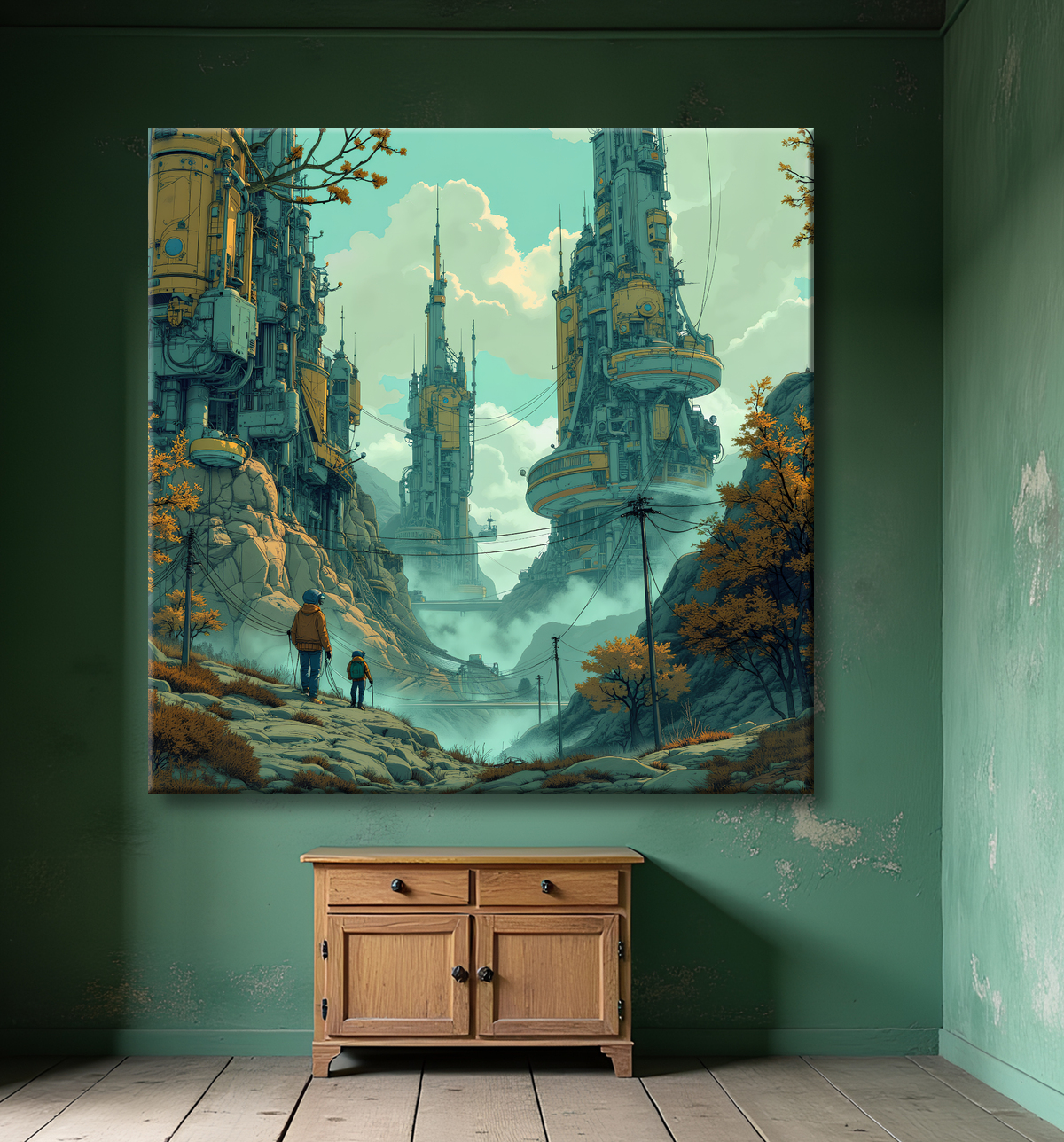 Tableau d'un paysage futuriste avec decor