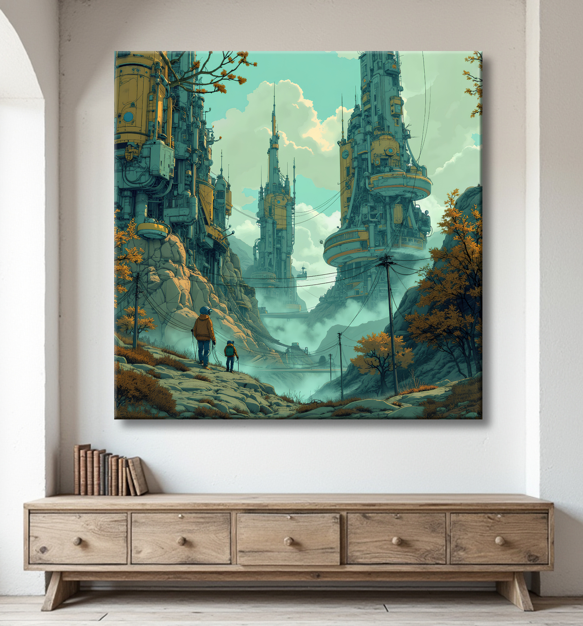 Tableau d'un paysage futuriste avec decor