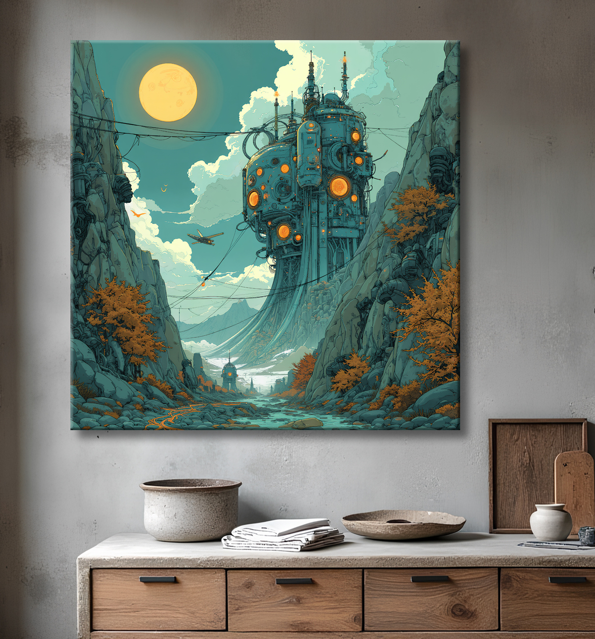 Tableau d'un paysage futuriste avec decor