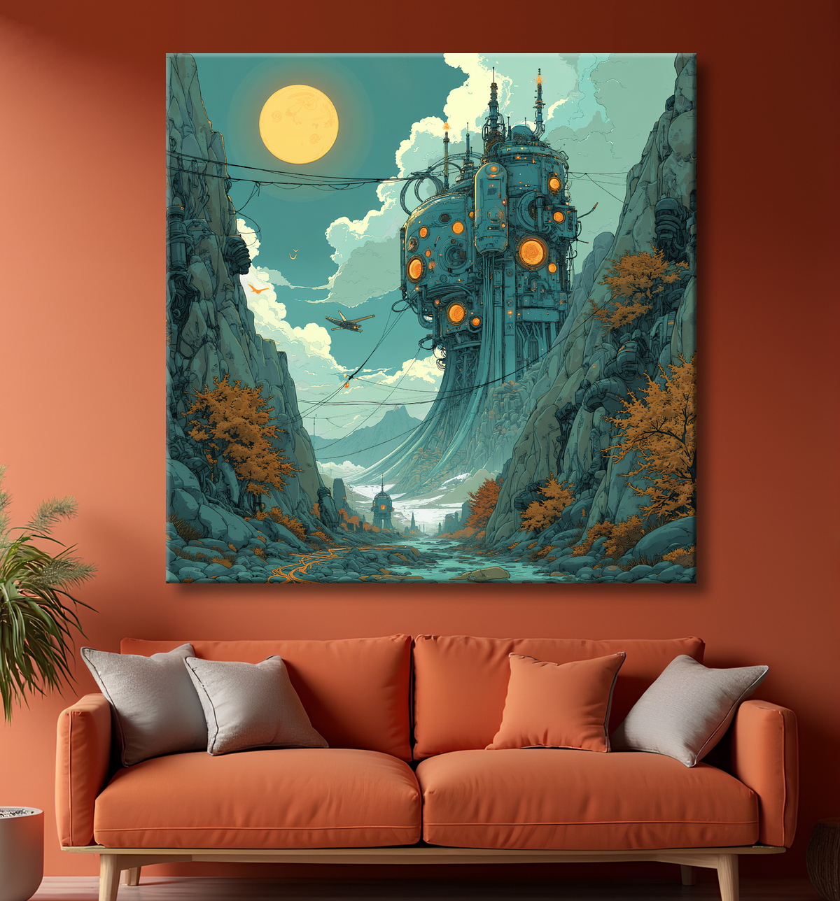 Tableau d'un paysage futuriste avec decor