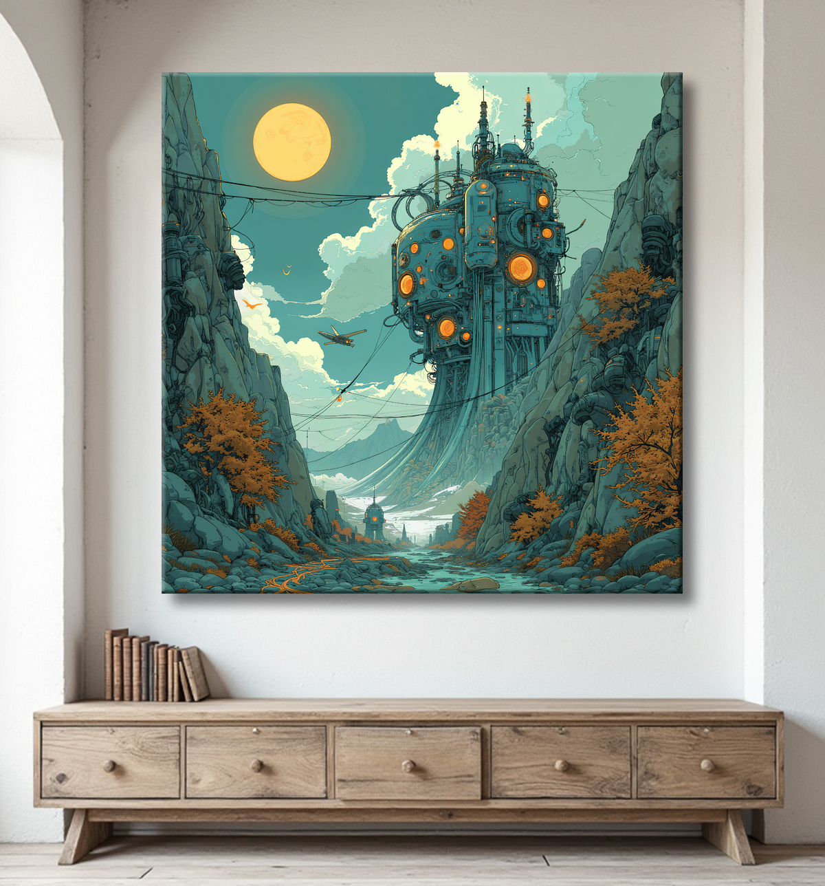 Tableau d'un paysage futuriste avec decor