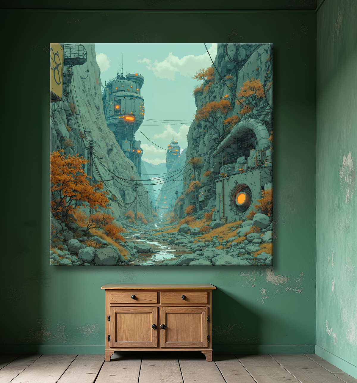 Tableau d'un paysage futuriste avec decor