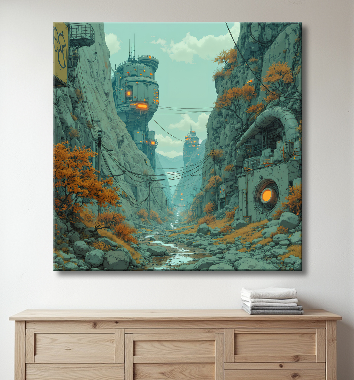 Tableau d'un paysage futuriste avec decor
