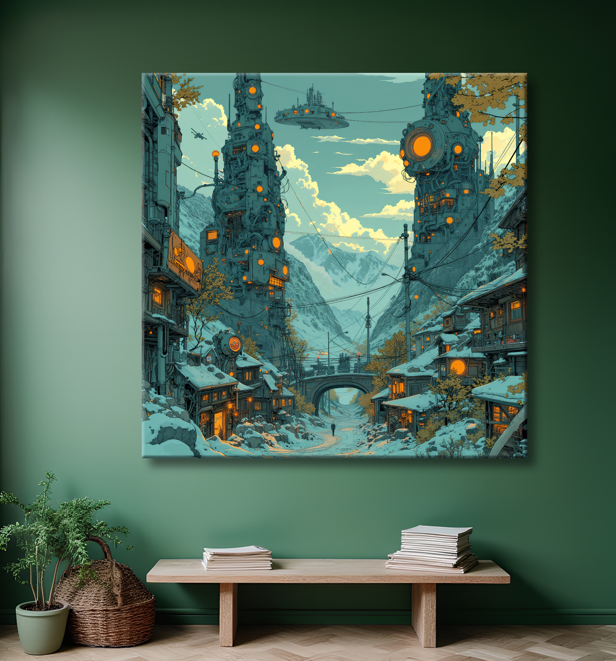 Tableau d'un paysage futuriste avec decor