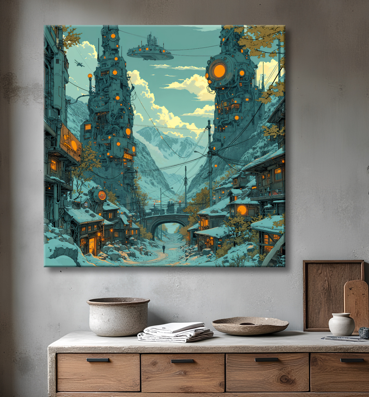 Tableau d'un paysage futuriste avec decor