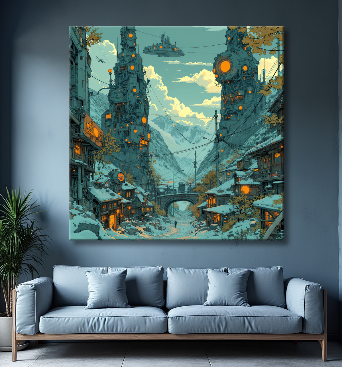 Tableau d'un paysage futuriste avec decor