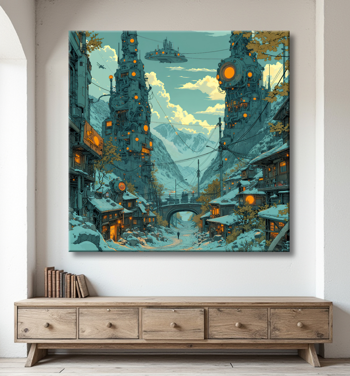 Tableau représentant un paysage sobre dans lequel émergent des structures futuristes aux formes organiques. Une scène imaginaire mêlant nature et architecture visionnaire.