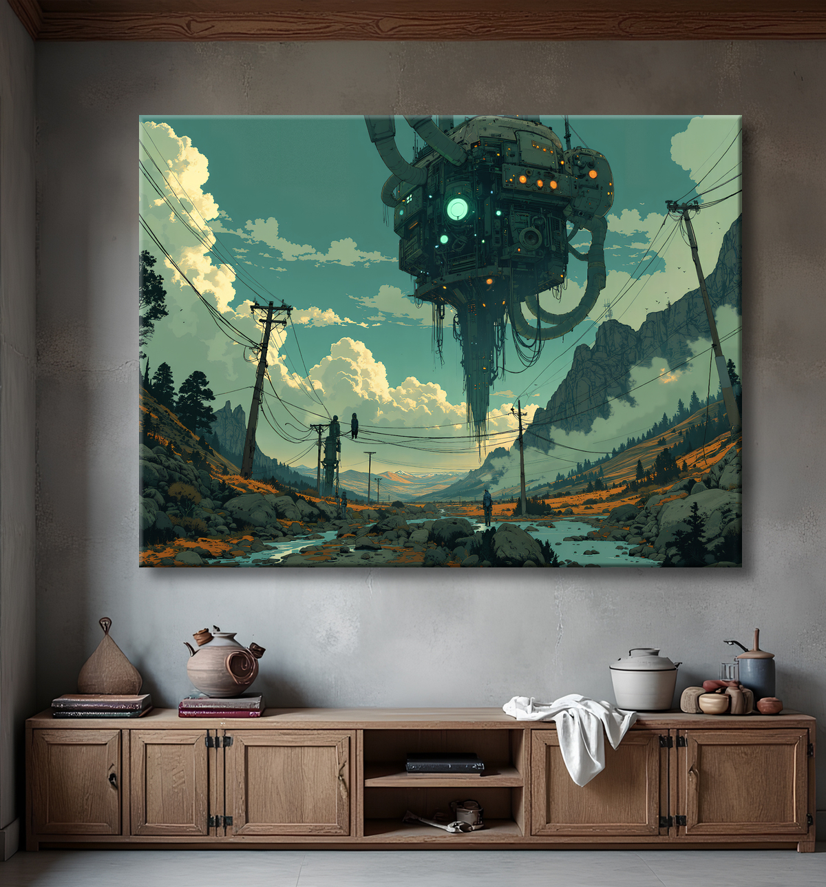 Tableau représentant un paysage sobre dans lequel émergent des structures futuristes aux formes organiques. Une scène imaginaire mêlant nature et architecture visionnaire.