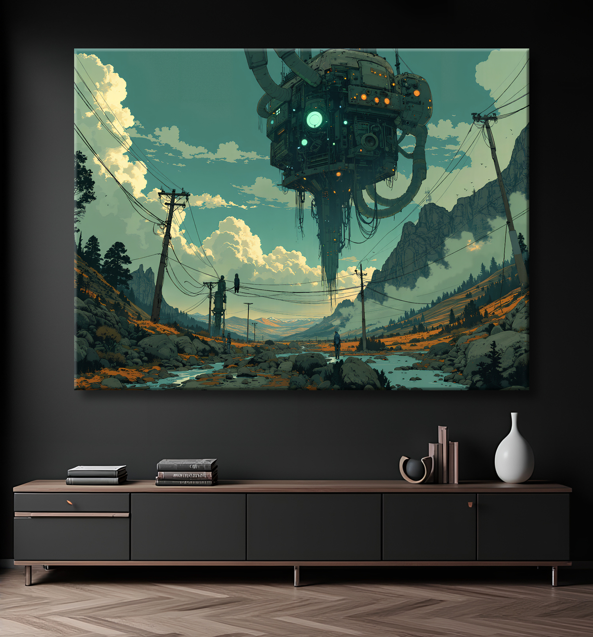 Tableau d'un paysage futuriste avec decor