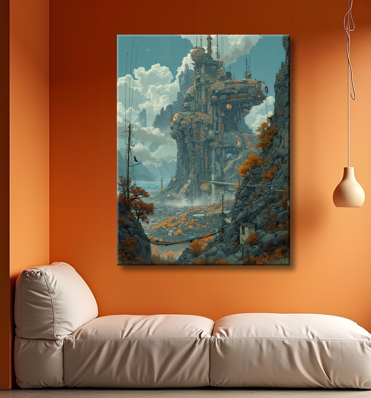 Tableau représentant un paysage sobre dans lequel émergent des structures futuristes aux formes organiques. Une scène imaginaire mêlant nature et architecture visionnaire.