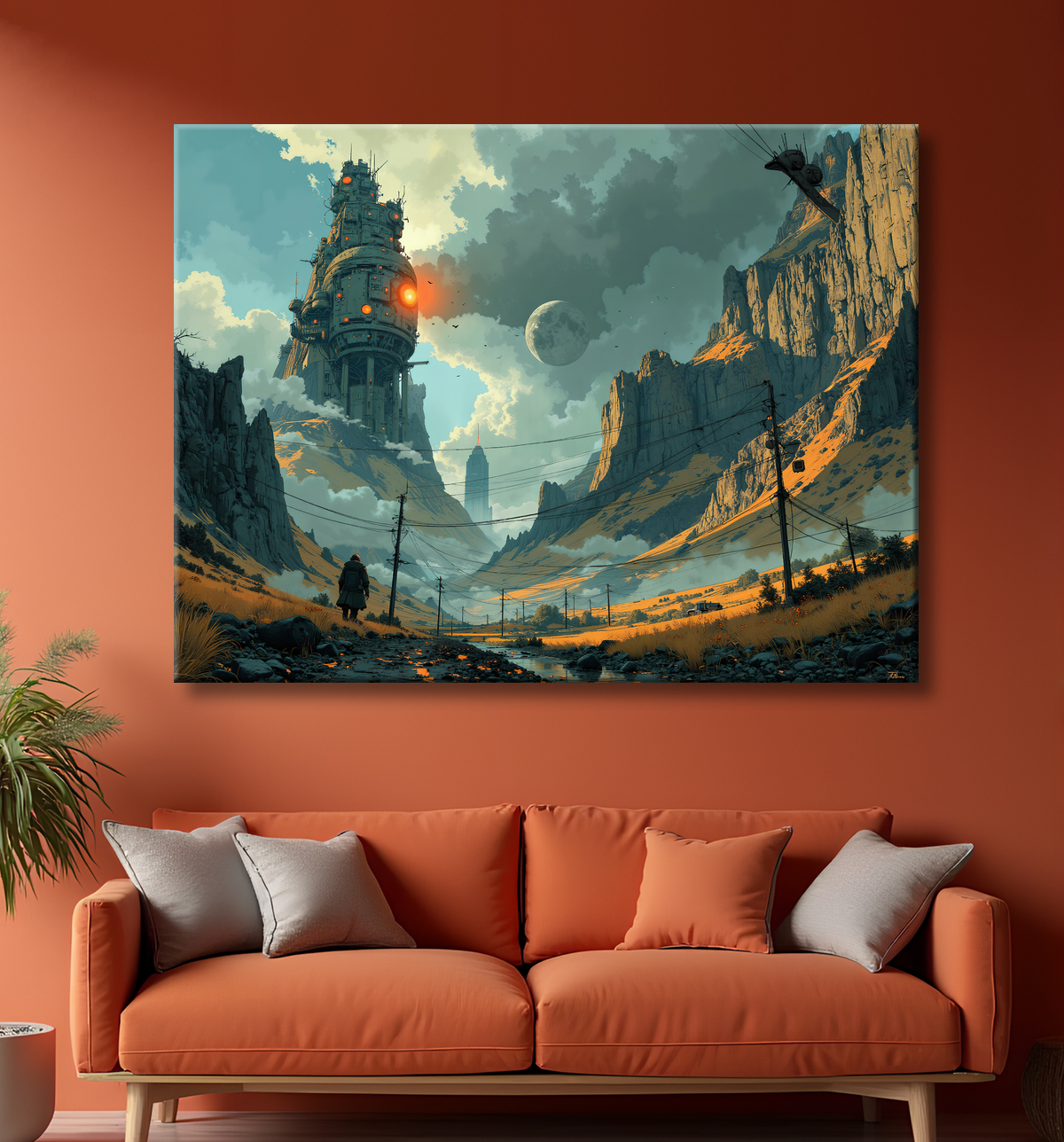 Tableau représentant un paysage sobre dans lequel émergent des structures futuristes aux formes organiques. Une scène imaginaire mêlant nature et architecture visionnaire.