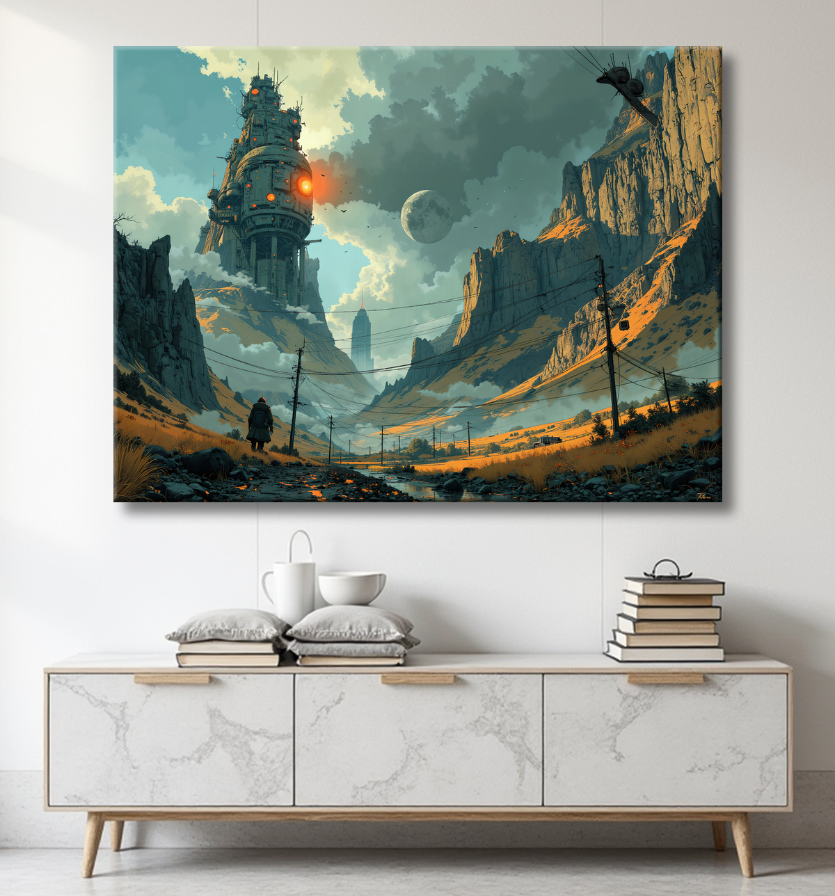 Tableau d'un paysage futuriste avec decor