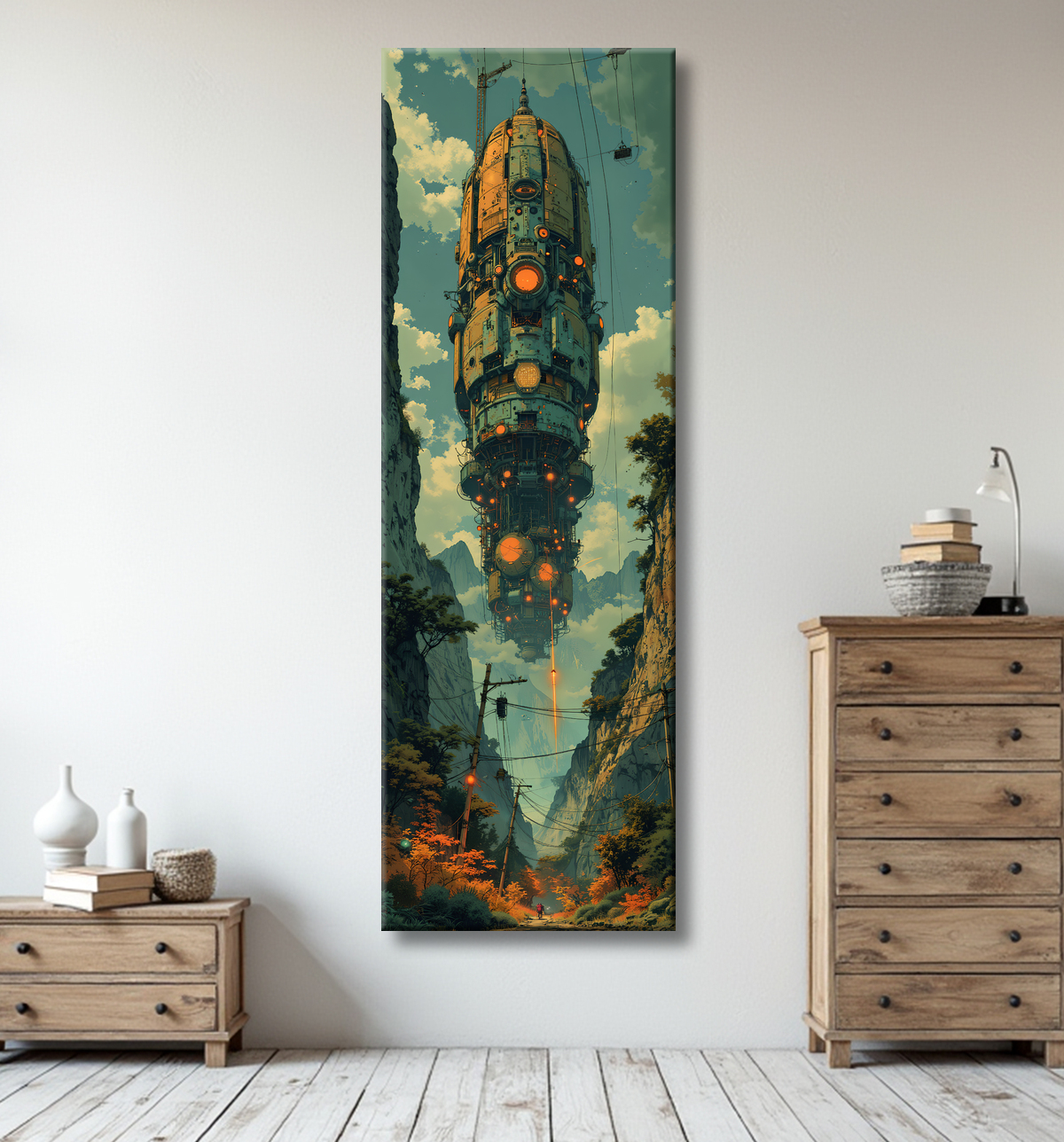 Tableau représentant un paysage sobre dans lequel émergent des structures futuristes aux formes organiques. Une scène imaginaire mêlant nature et architecture visionnaire.