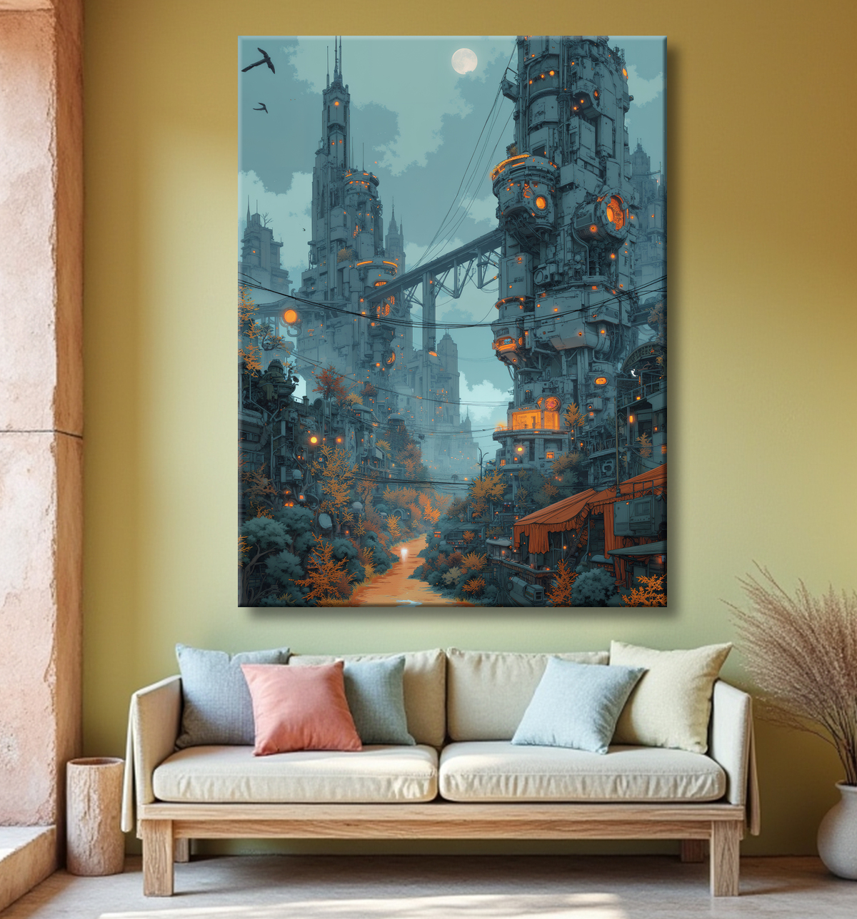 Tableau représentant un paysage sobre dans lequel émergent des structures futuristes aux formes organiques. Une scène imaginaire mêlant nature et architecture visionnaire.