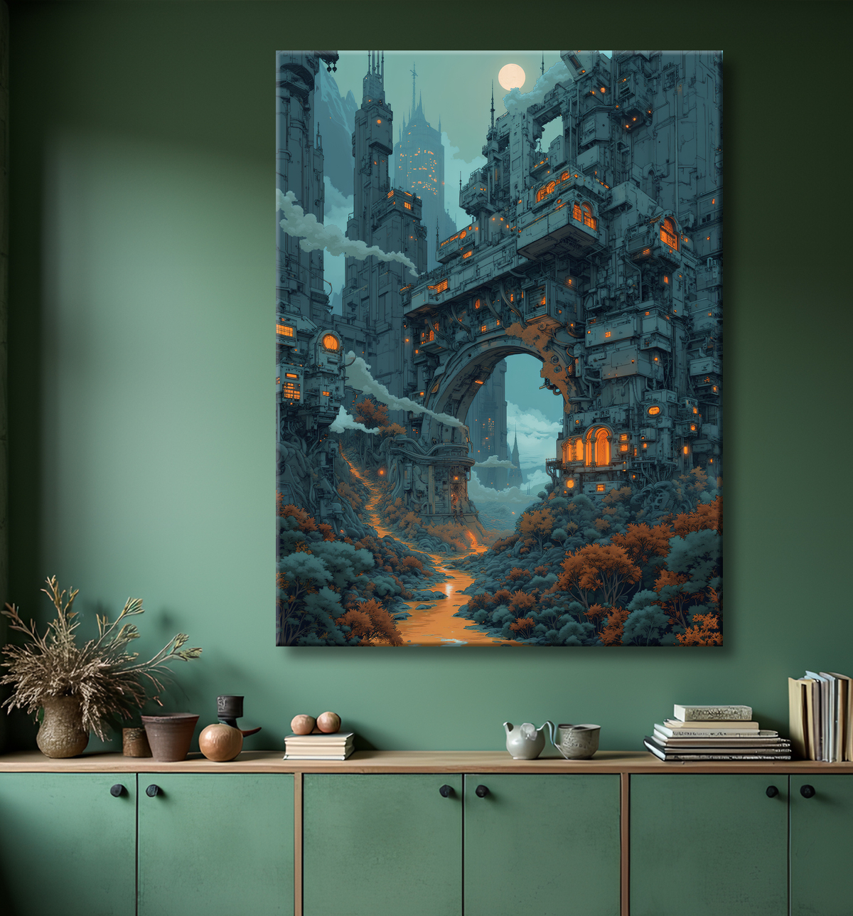 Tableau d'un paysage futuriste avec decor