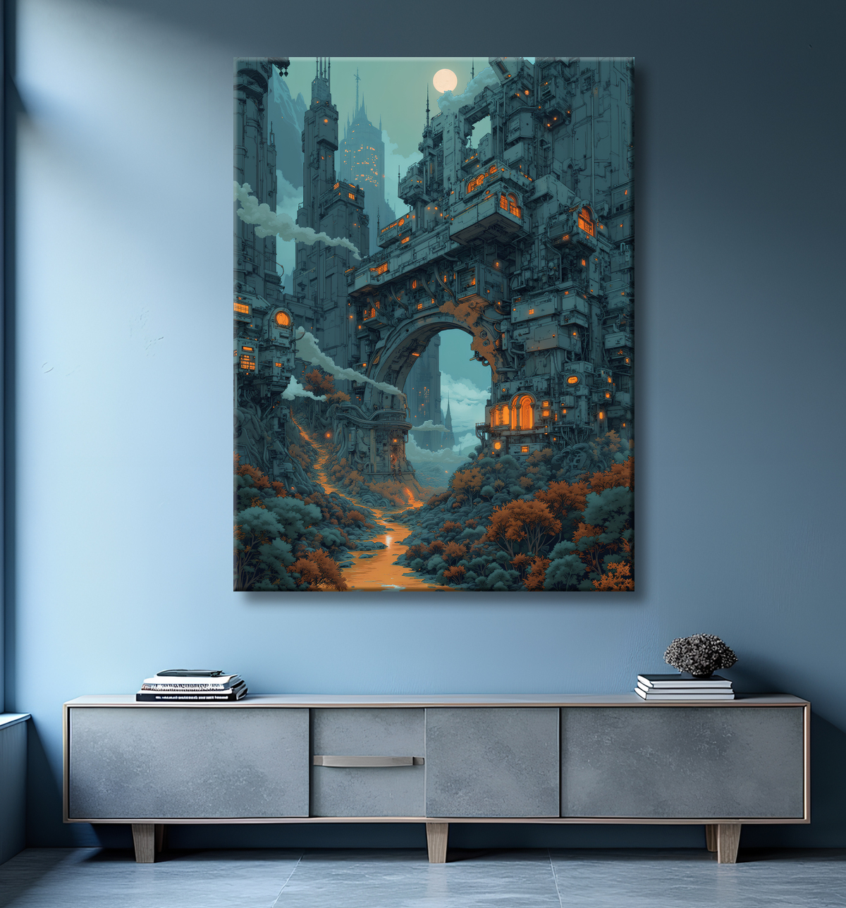 Tableau représentant un paysage sobre dans lequel émergent des structures futuristes aux formes organiques. Une scène imaginaire mêlant nature et architecture visionnaire.